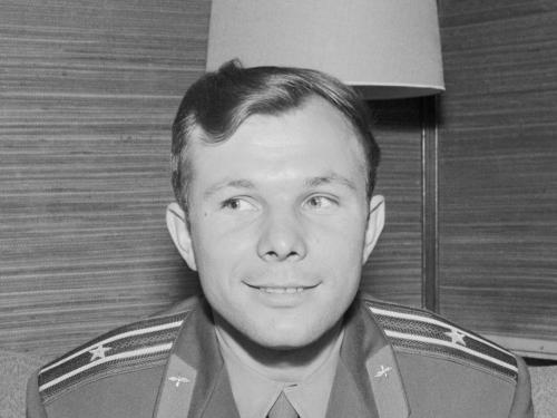 Soviet cosmonaut Yuri Gagarin at a press conference