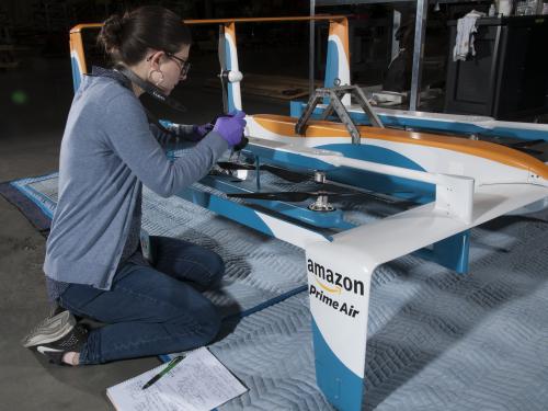 The Amazon Hybrid Delivery Drone in restoration at the Museum’s Steven F. Udvar-Hazy Center.
