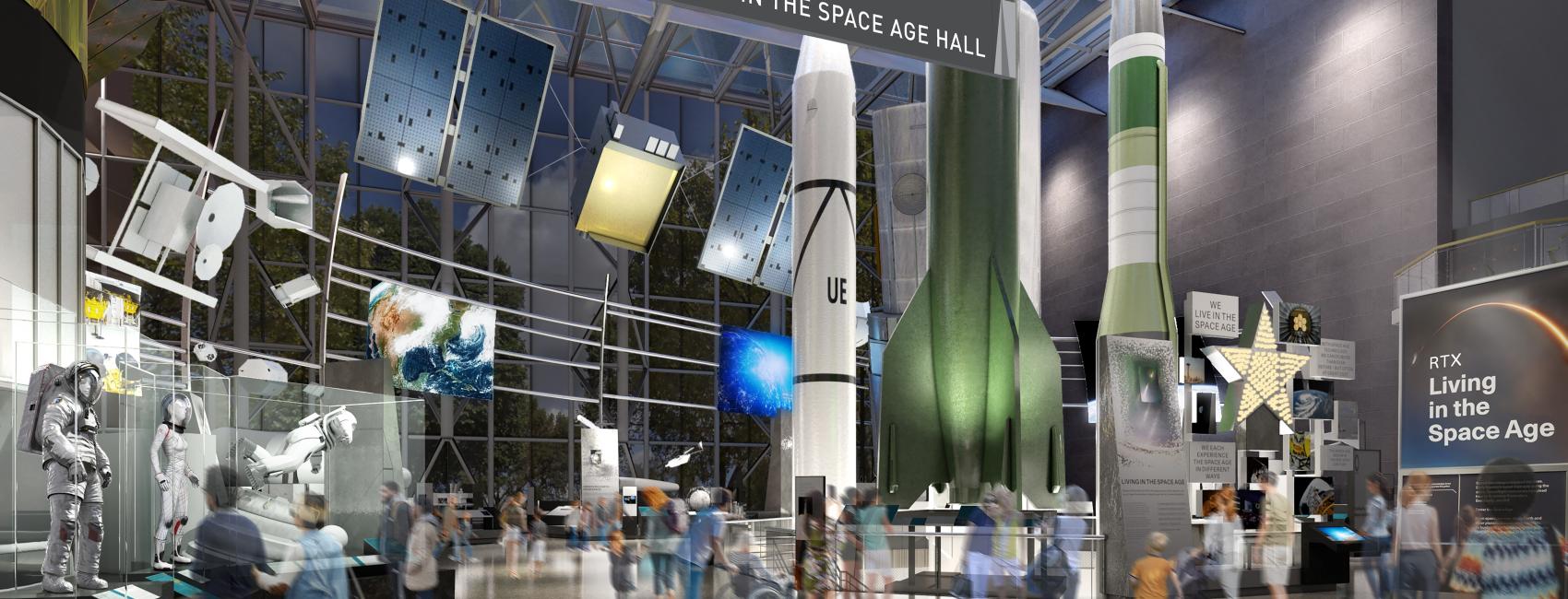 A rendering of an exhibition in a museum that features multiple full scale rockets and other objects related to the space age.
