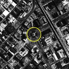 Am aerial photo of a dense city neighborhood.