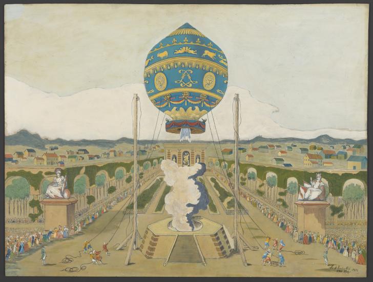 Historical artwork of the Montgolfier brothers&#039; first public balloon demonstration at Versailles in 1783. The image features a large, decorated balloon tethered to the ground, with figures of royalty observing from a stylized garden, and crowds gathering around to watch the spectacle.